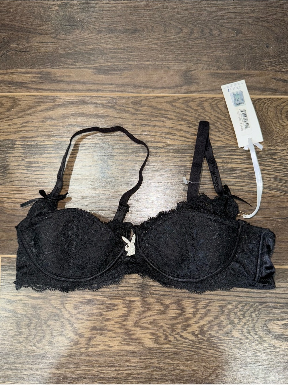 PLAYBOY Black Lace Demi Bra with Bunny Women’s 34B Charm NWT